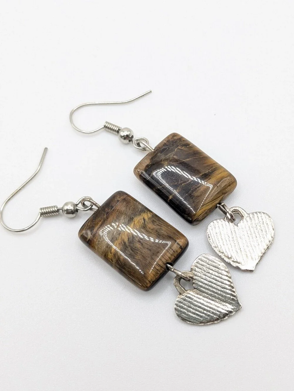 Tiger's Eye Heart Charm Dangle Earrings | Silver Tone Fish Hook Earrings | 2